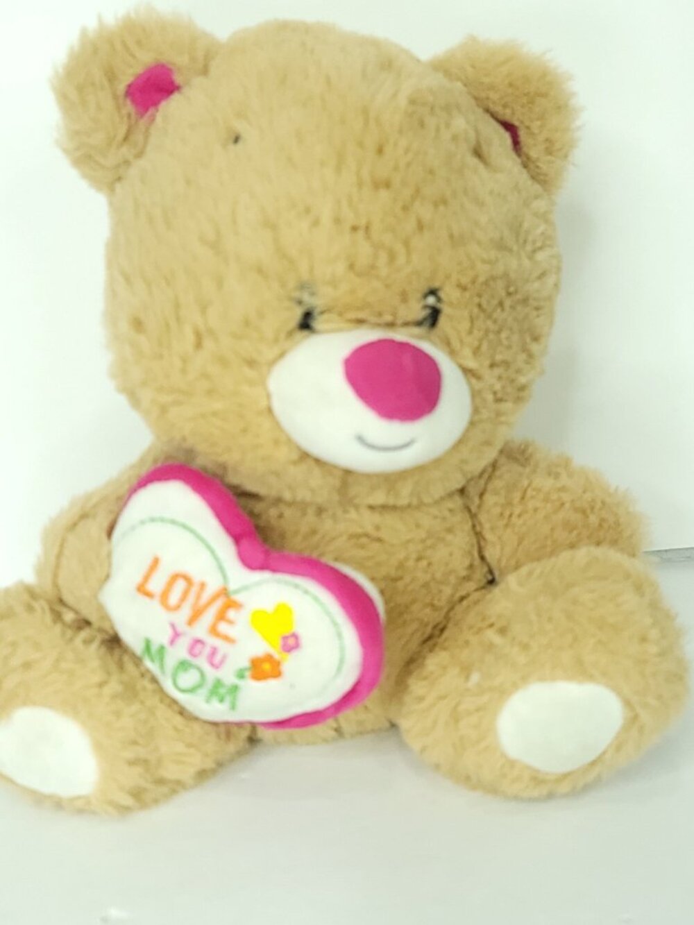 Love You Mom Bear Plush Stuffed Animal Toy Pink Heart Mothers Day Love 9"